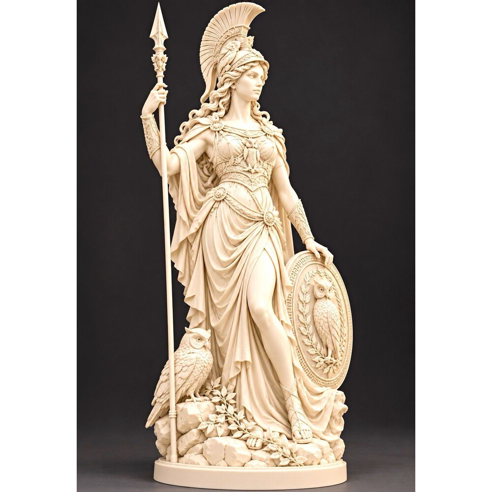 Athena Goddess Statue – Spear Shield & Owl Resin Greek Mythology 3D Printed 7 in